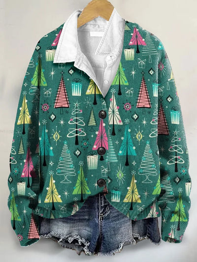 Retro Christmas Tree Art Print Button-Up V-Neck Cardigan Sweater