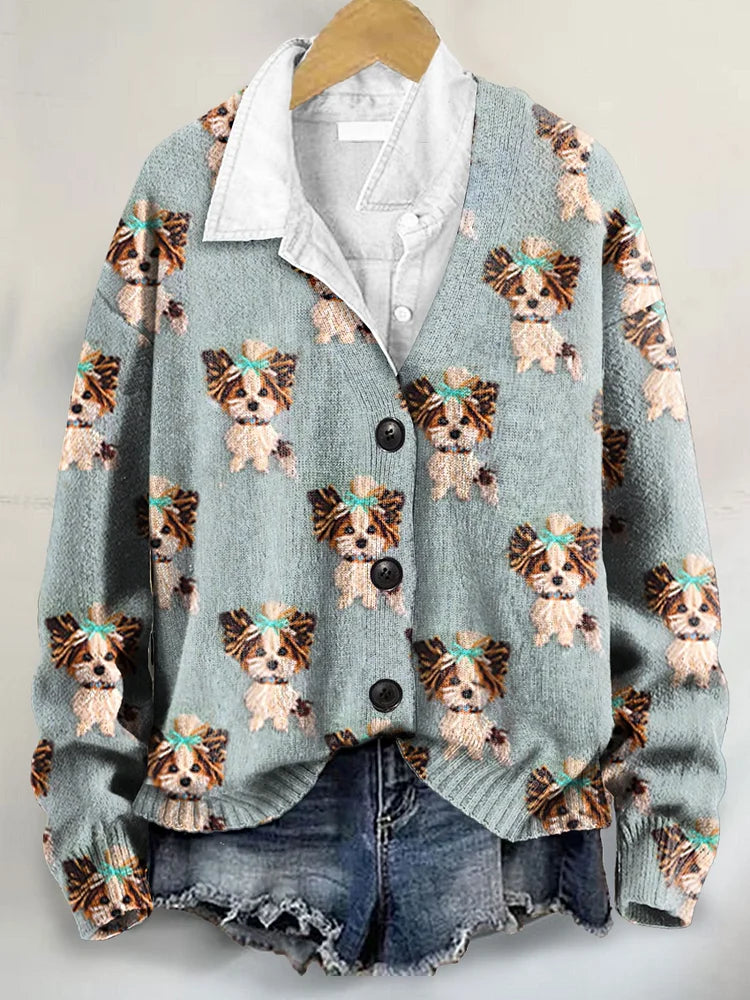 Adorable Dog Lover Art Print V-neck Cardigan Sweater with Buttons