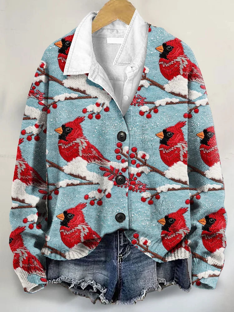 Buttoned V-Neck Cardigan Sweater with Christmas Red Bird Art Print
