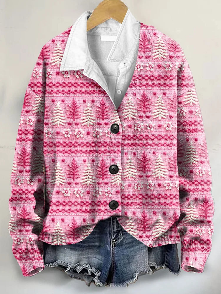 Adorable Pink Christmas Tree Art Print Cardigan Sweater with Buttoned V-Neck