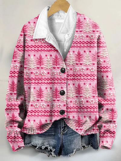 Adorable Pink Christmas Tree Art Print Cardigan Sweater with Buttoned V-Neck