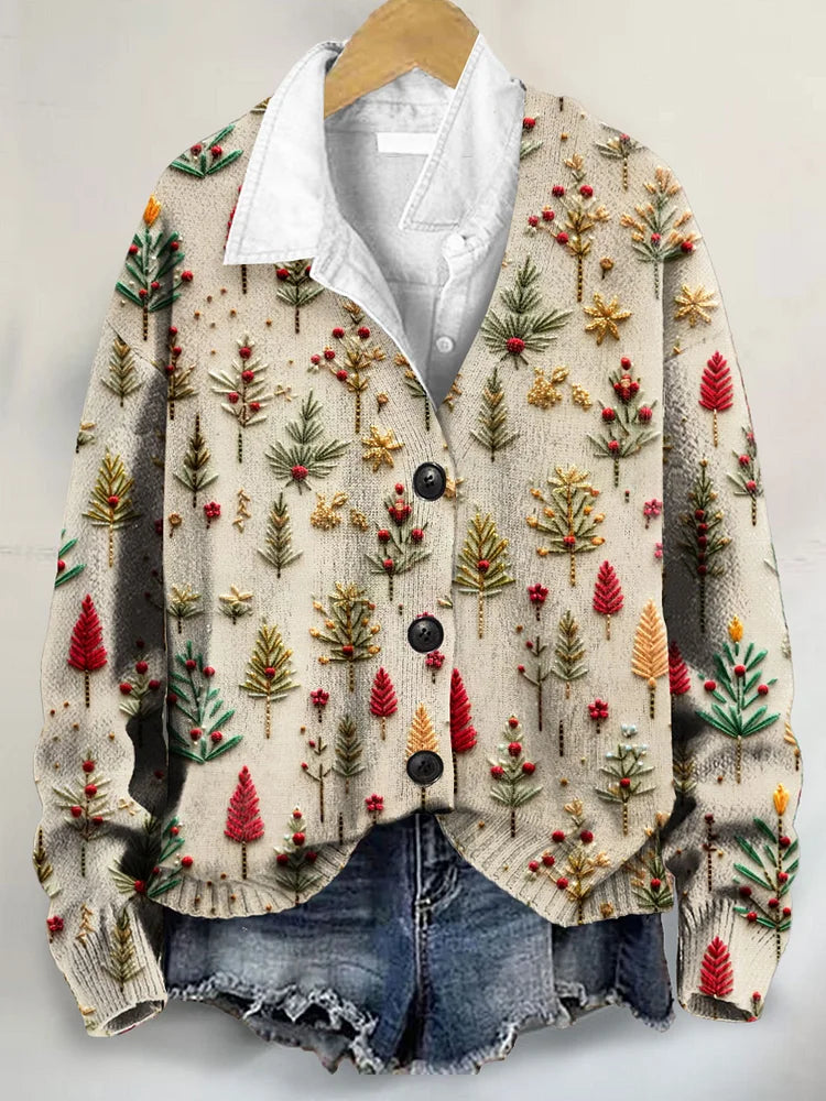 Adorable Christmas Tree Art Print Button-Up V-Neck Cardigan Sweater