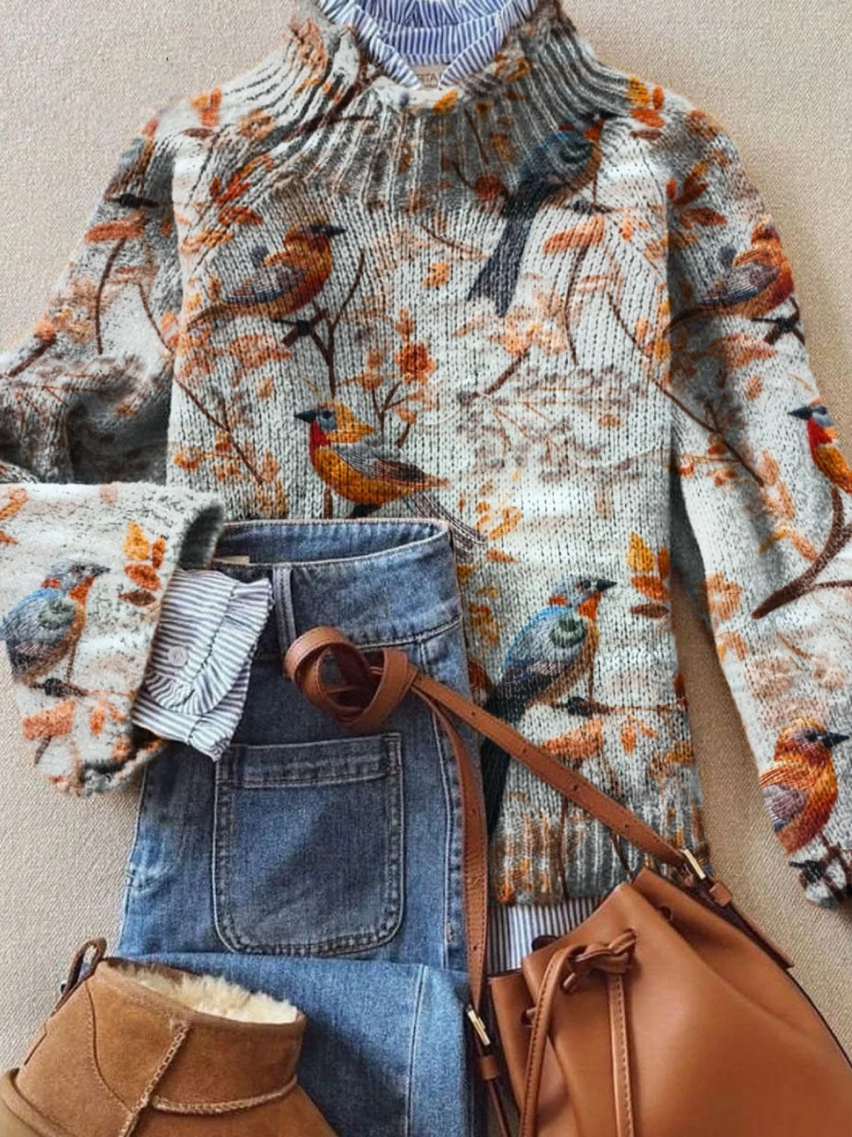 Mandy | Charming Floral Bird Art Roll-neck Jumper