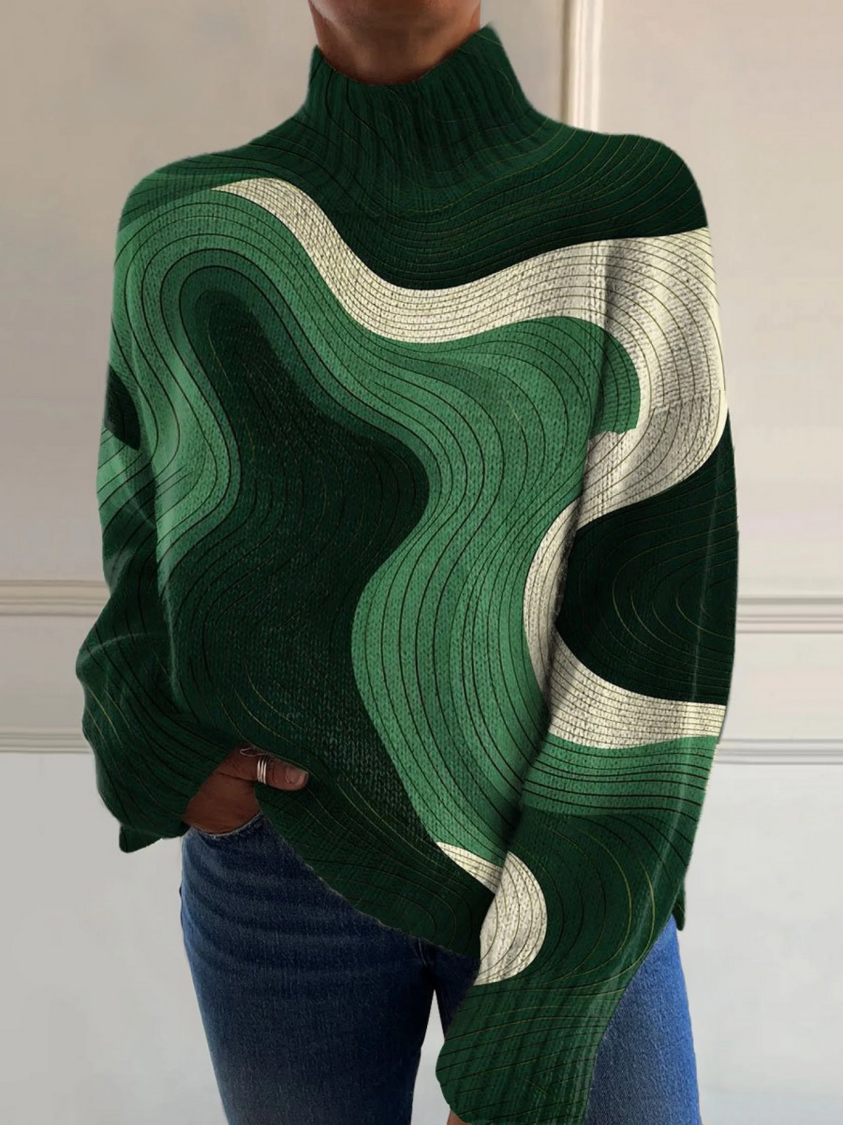 Sophie | Green Color Wave Roll-neck Jumper