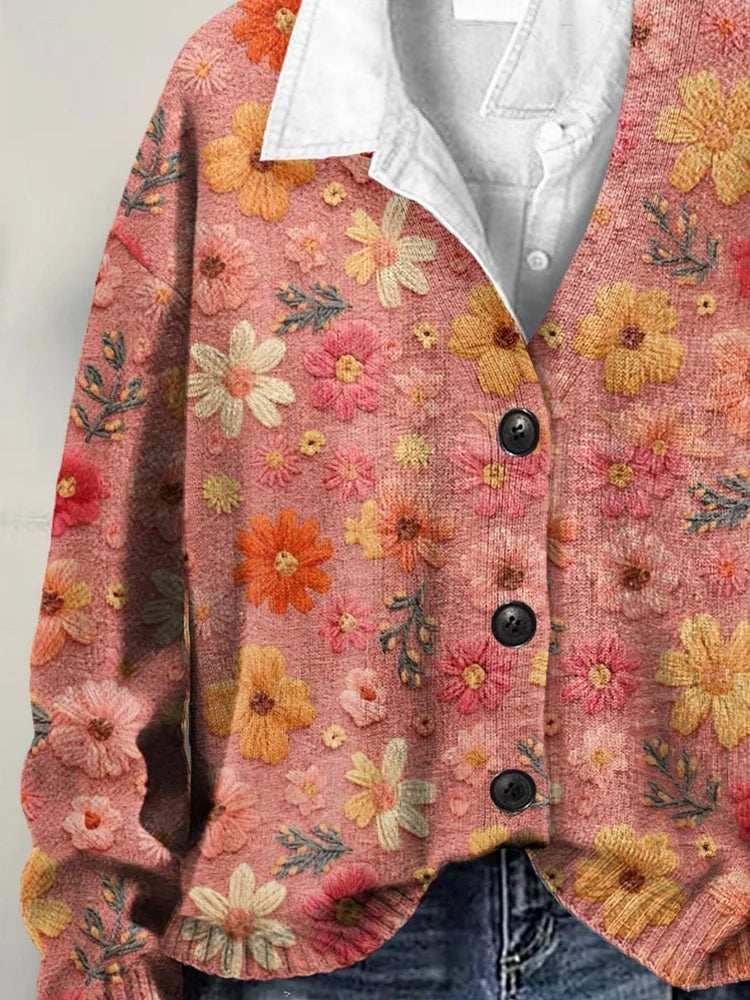 Retro Floral Print Button-Up V-Neck Cardigan Sweater