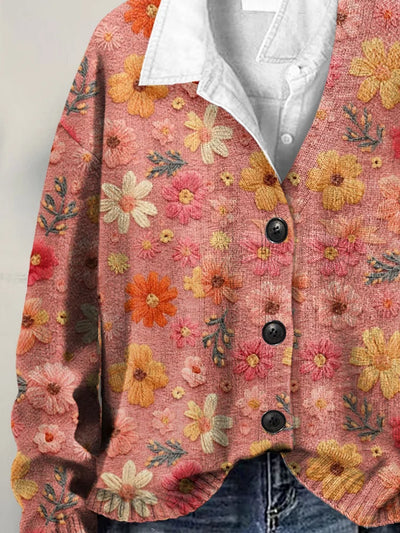 Retro Floral Print Button-Up V-Neck Cardigan Sweater