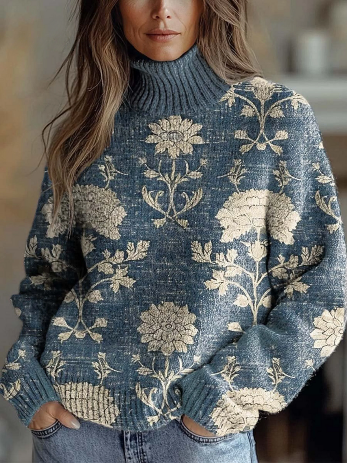 Elise | Floral Art Roll-neck Jumper