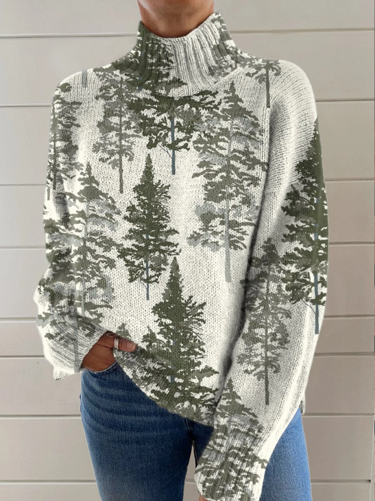 Emily | Roll-neck Jumper with Tree Art Pattern Design