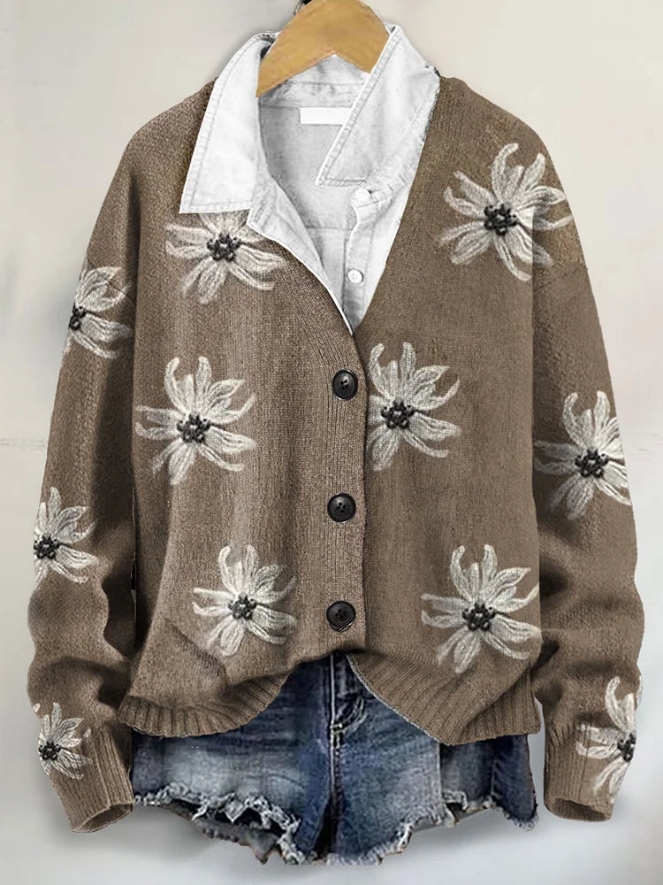 Retro Floral Print V-Neck Cardigan Sweater with Button Detail