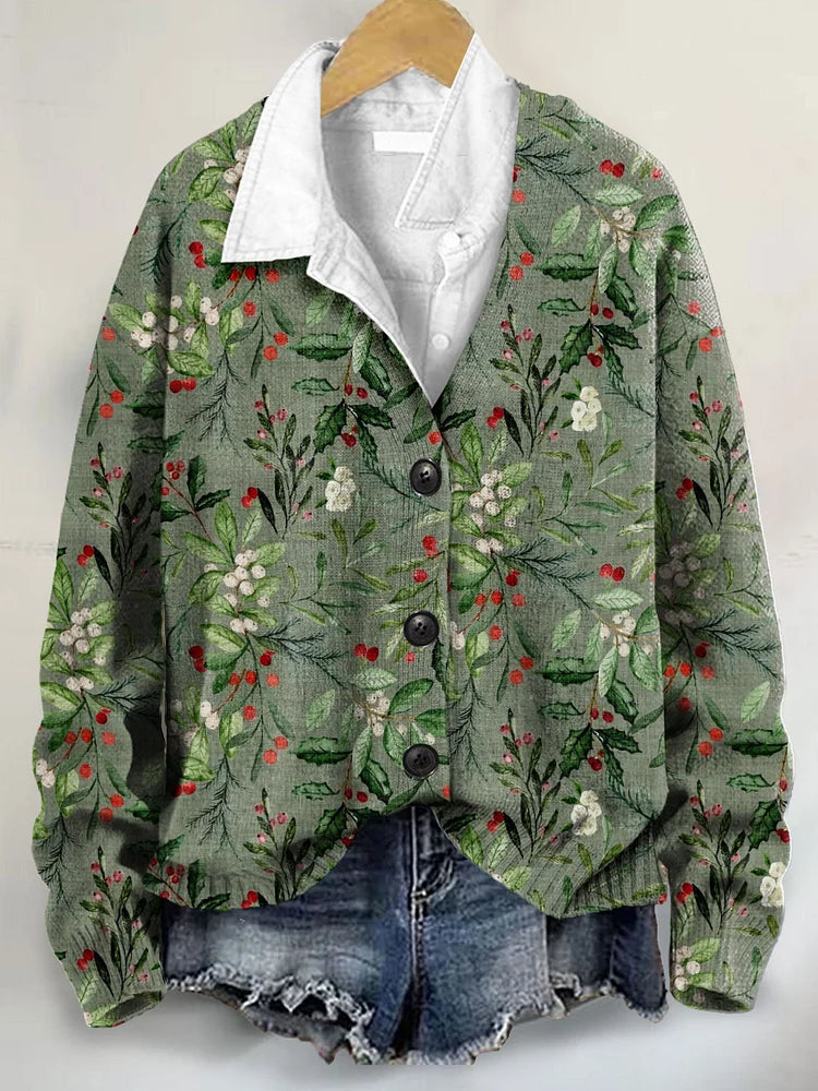 Charming Vintage Christmas Art Print V-Neck Cardigan Sweater with Buttons
