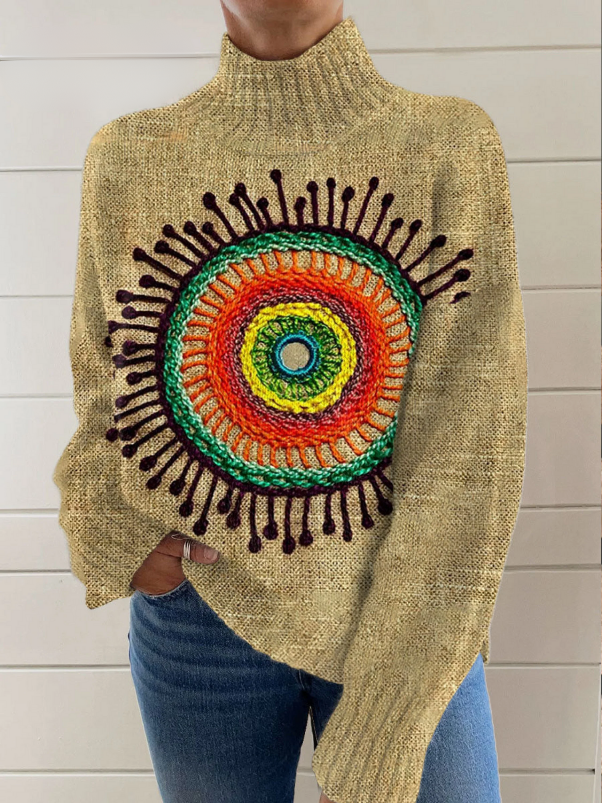 Lily | Retro Psychedelic sunflower Roll-neck Jumper