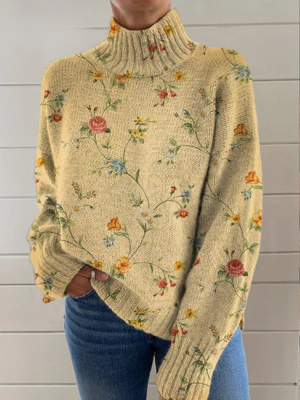 Alice | Charming Floral Art Roll-neck Jumper