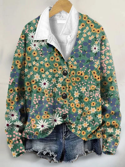 Floral Art Print Cardigan Sweater with Buttoned V-neck for Nature Enthusiasts