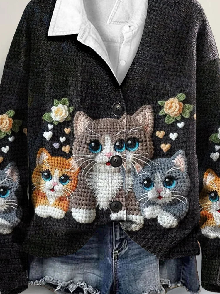 Buttoned V-Neck Cardigan Sweater with Cat Art Print