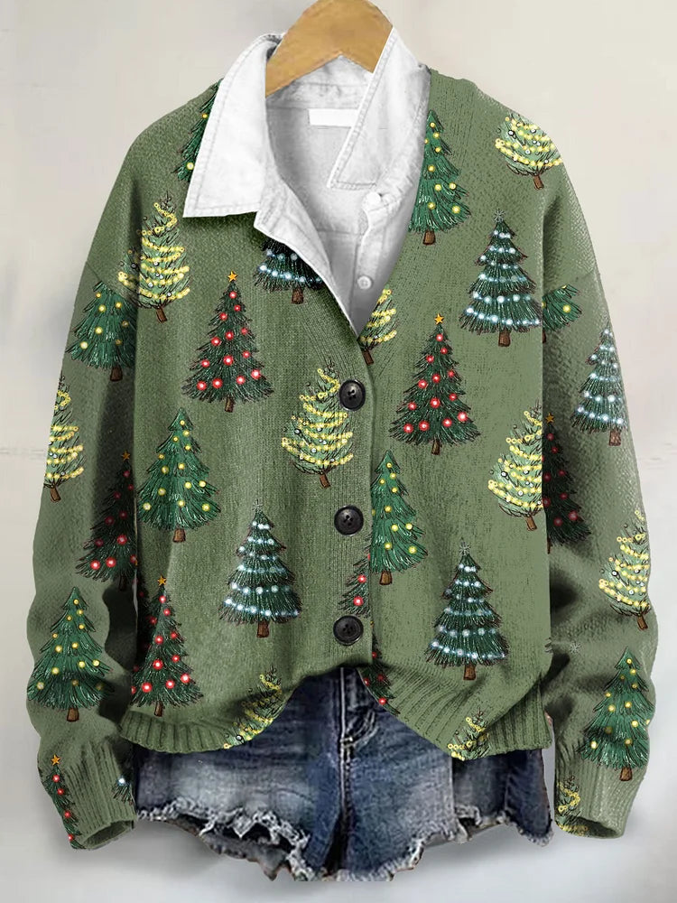 Charming Christmas Tree Art Print V-Neck Cardigan Sweater with Buttons
