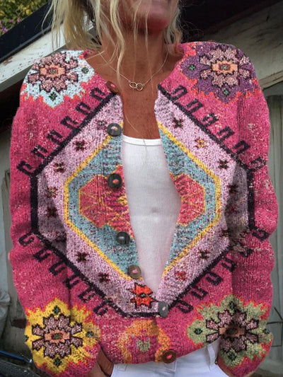 Vintage-Inspired Printed Button-Up Cardigan Sweater