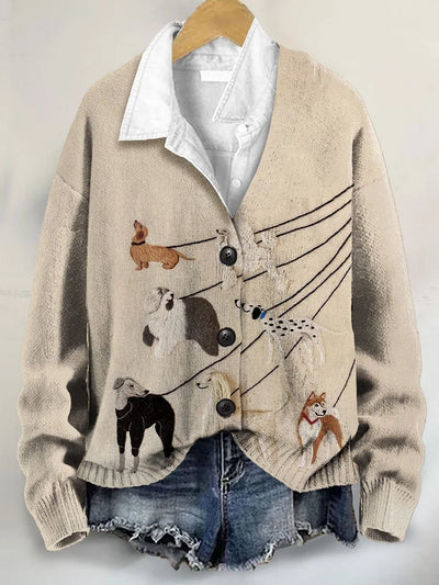 Buttoned V-Neck Cardigan Sweater with 3D Dog Art Print