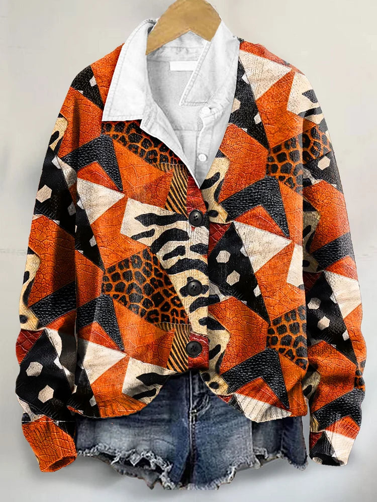 Festive Orange Color Block V-Neck Cardigan Sweater with Button Details