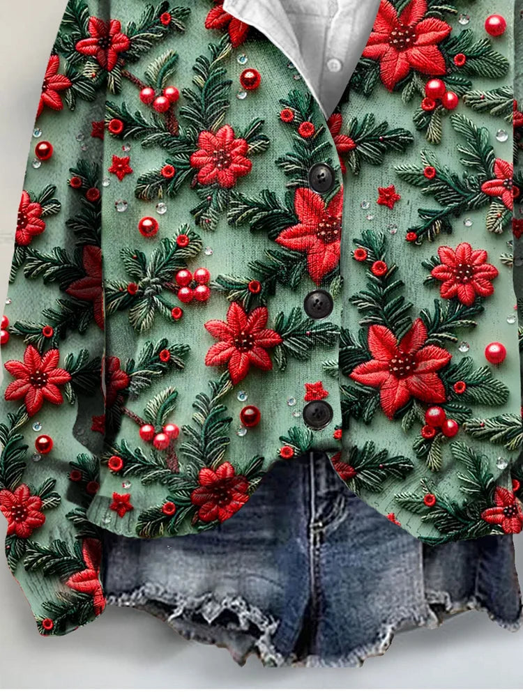Retro Floral 3D Art Print Button-Up V-Neck Cardigan Sweater for Christmas