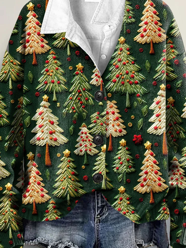 Adorable 3D Christmas Tree Art Print Button-Up V-Neck Cardigan Sweater