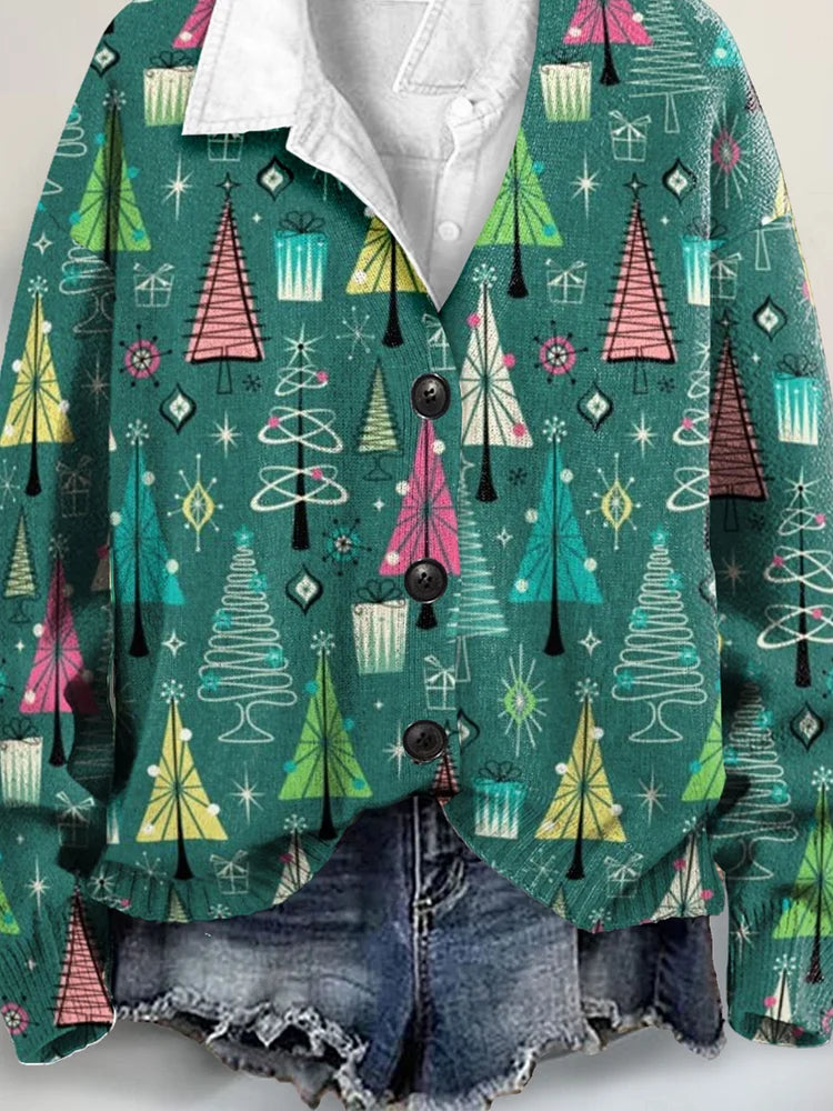 Retro Christmas Tree Art Print Button-Up V-Neck Cardigan Sweater