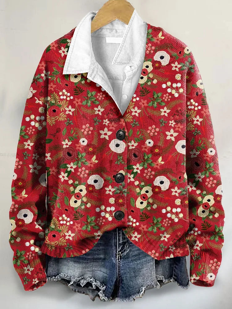 Charming Floral Christmas Art Print V-Neck Cardigan Sweater with Buttons