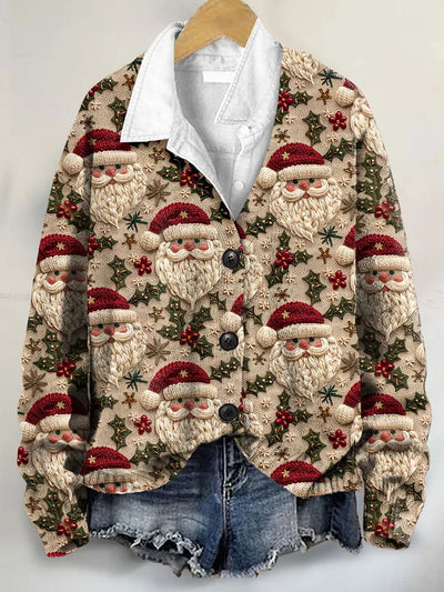 3D Santa Christmas Art Print Button-Up V-Neck Cardigan Sweater
