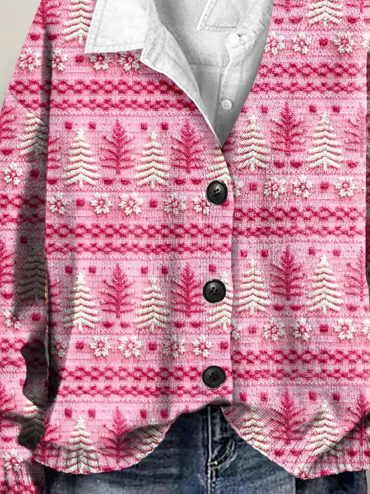 Adorable Pink Christmas Tree Art Print Cardigan Sweater with Buttoned V-Neck