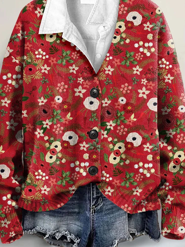 Charming Floral Christmas Art Print V-Neck Cardigan Sweater with Buttons
