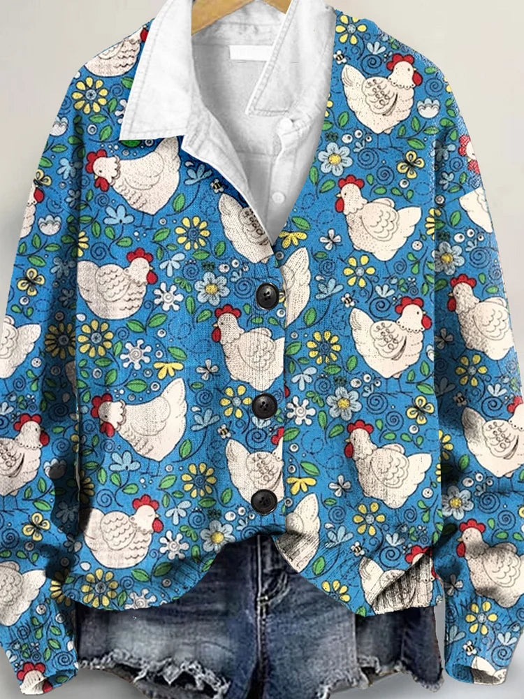 Charming Chicken Enthusiast Art Print Button-Up V-Neck Cardigan