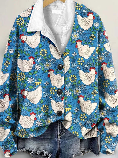 Charming Chicken Enthusiast Art Print Button-Up V-Neck Cardigan