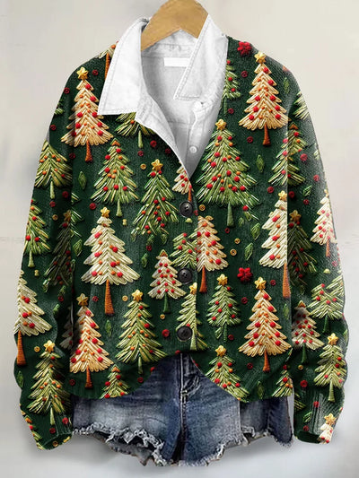 Adorable 3D Christmas Tree Art Print Button-Up V-Neck Cardigan Sweater
