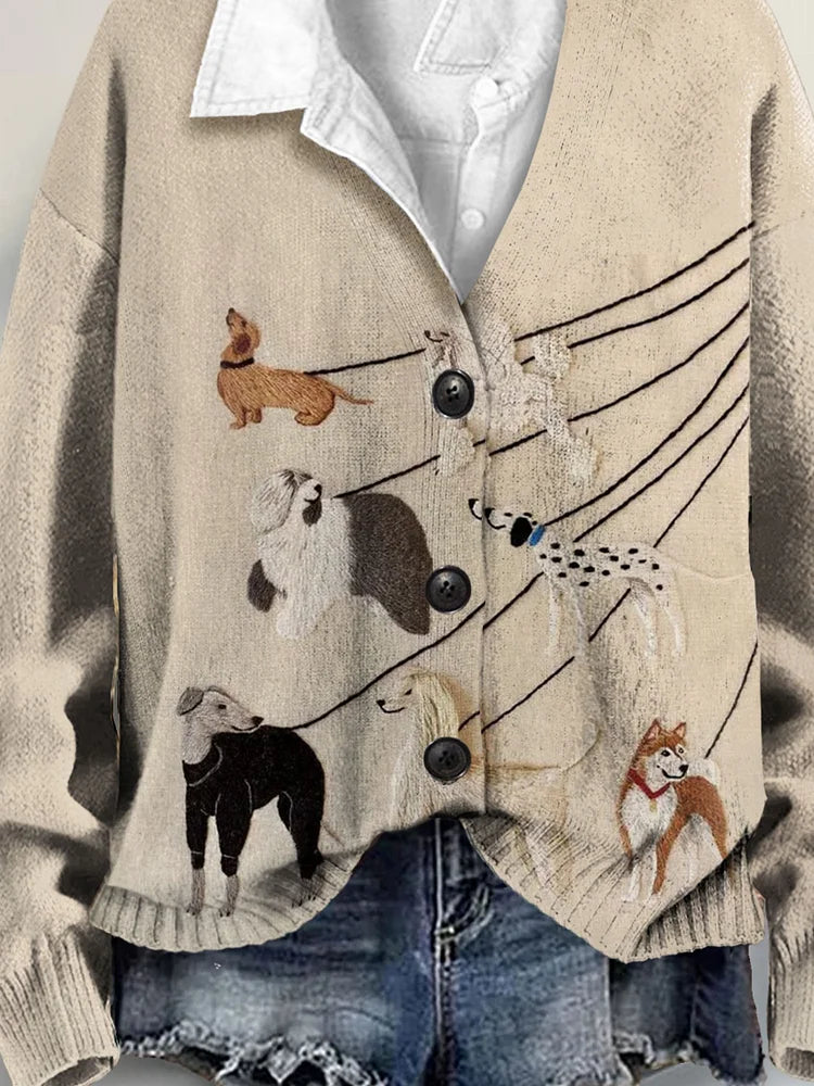 Buttoned V-Neck Cardigan Sweater with 3D Dog Art Print
