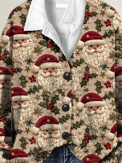 3D Santa Christmas Art Print Button-Up V-Neck Cardigan Sweater
