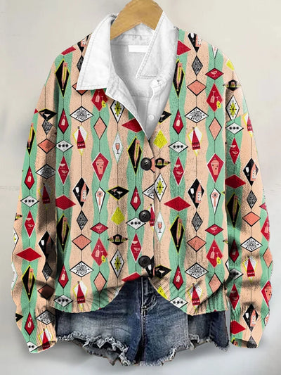 Vintage Christmas Cocktail Art Print Button-Up V-Neck Cardigan Sweater