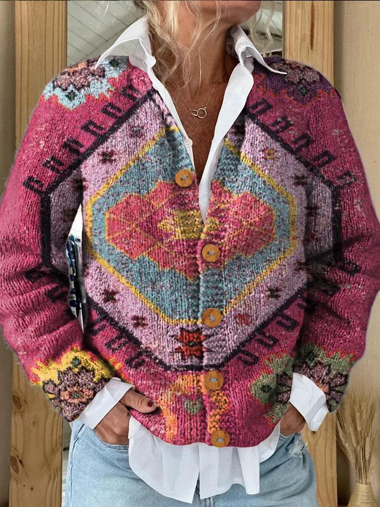 Vintage-Inspired Printed Button-Up Cardigan Sweater