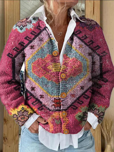 Vintage-Inspired Printed Button-Up Cardigan Sweater