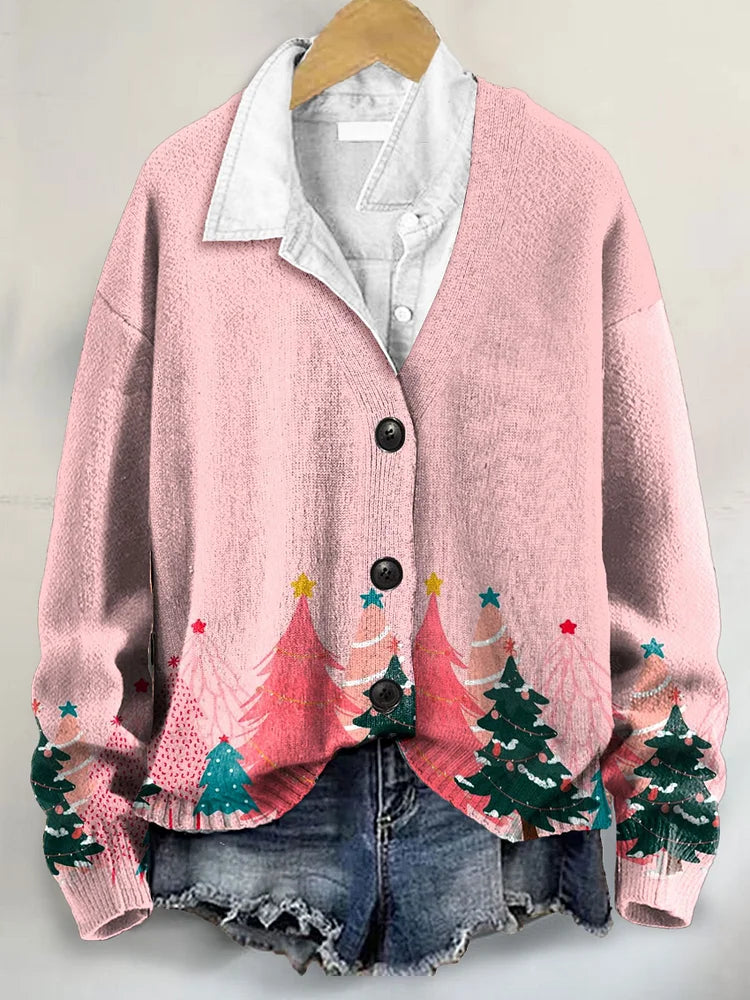Buttoned V-Neck Cardigan Sweater with Pink Christmas Tree Art Print