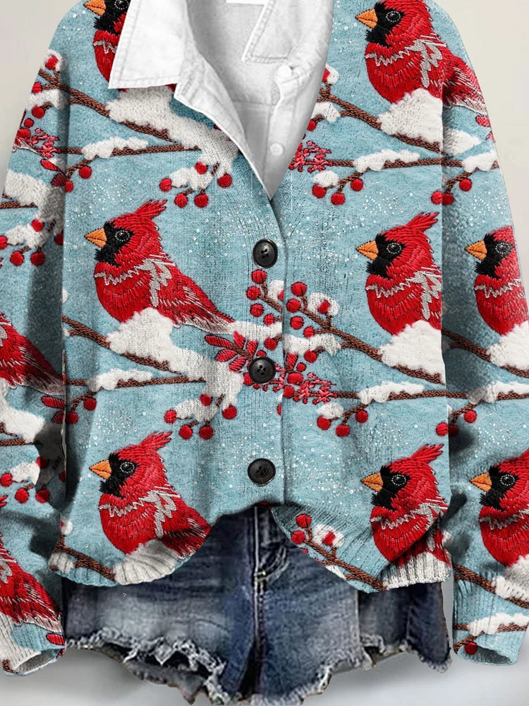 Buttoned V-Neck Cardigan Sweater with Christmas Red Bird Art Print