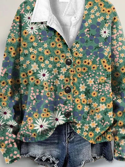 Floral Art Print Cardigan Sweater with Buttoned V-neck for Nature Enthusiasts