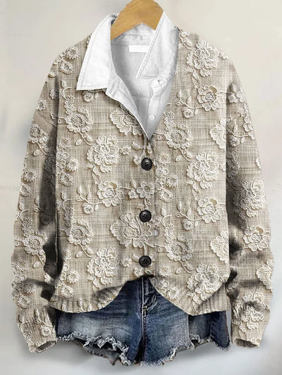 Retro Floral Lace 3D Art Print V-Neck Cardigan Sweater with Buttons