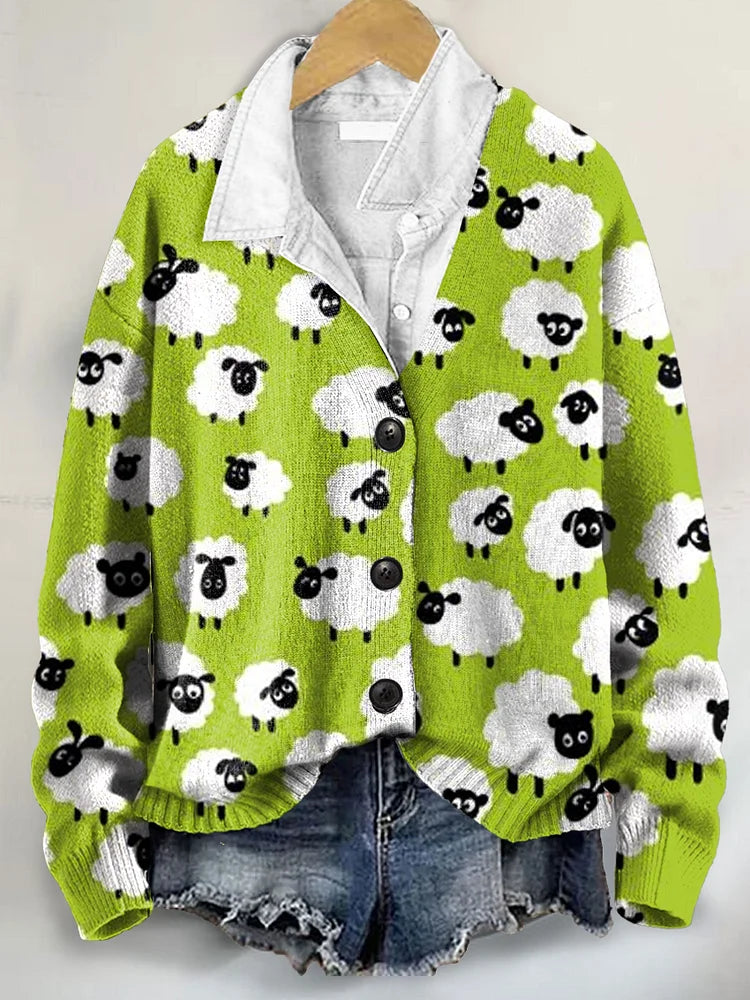 Buttoned V-Neck Cardigan Sweater with Black Sheep Art Print