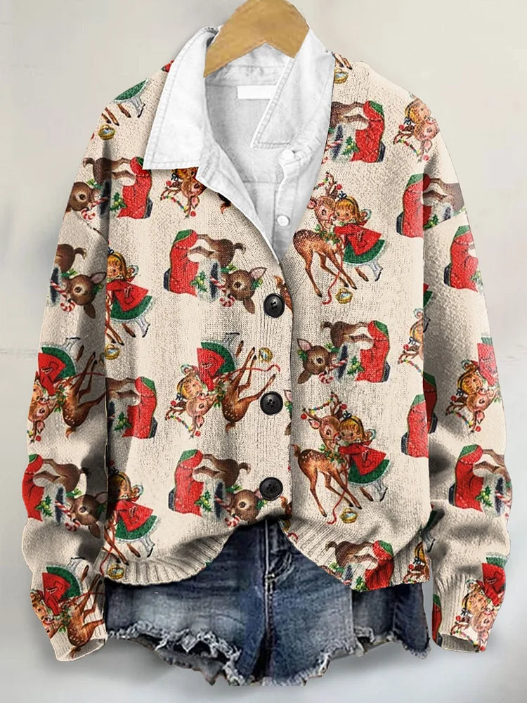 Retro Christmas Art Print V-Neck Cardigan Sweater with Buttons