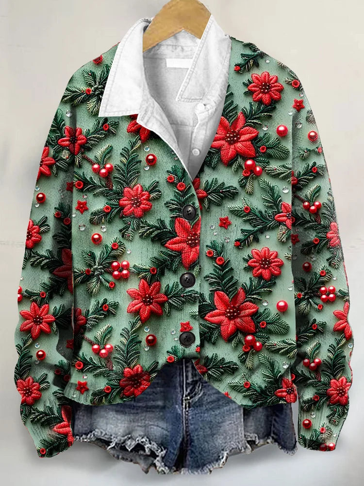 Retro Floral 3D Art Print Button-Up V-Neck Cardigan Sweater for Christmas