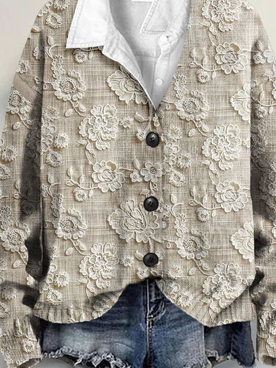 Retro Floral Lace 3D Art Print V-Neck Cardigan Sweater with Buttons