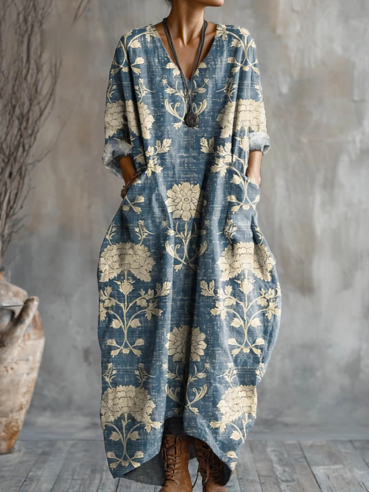 Women's Vintage Floral Pocket V-Neck Cotton Dress with Art Print