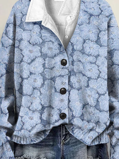 Charming Floral Lace 3D Art Print V-Neck Cardigan Sweater with Buttons