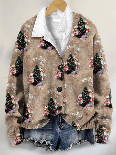 Adorable 3D Christmas Art Print Button-Up V-Neck Cardigan Sweater