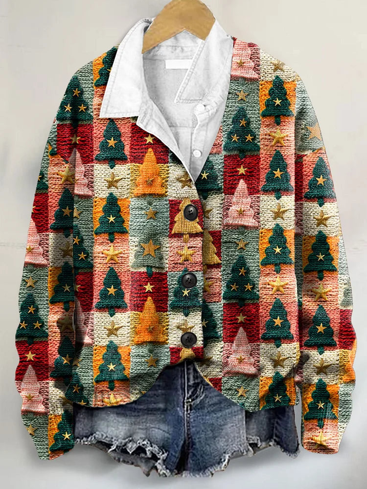 Buttoned V-Neck Cardigan Sweater with Christmas Tree Art Print
