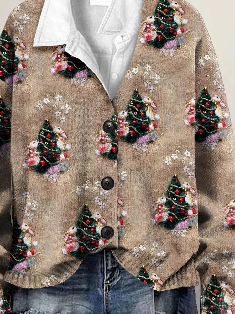 Adorable 3D Christmas Art Print Button-Up V-Neck Cardigan Sweater